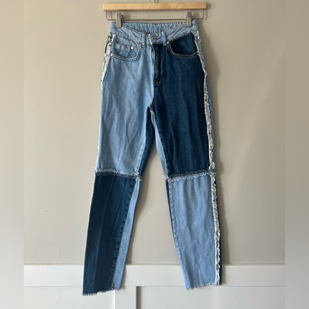 The Ragged Priest Patchwork Two-Tone Straight Leg Jeans Size 24 Y2K Grunge Indie